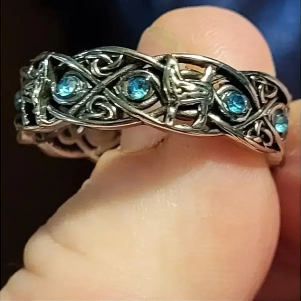 Unisex Silver Celtic Knot wolf Ring with Blue Accents sz 6